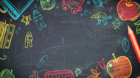 The chalkboard features vibrant brush strokes and detailed drawings of educational tools, creating an engaging environment for students.の素材