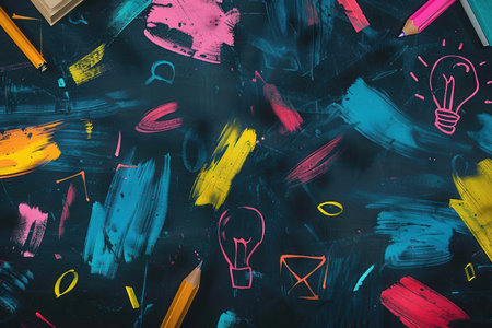 A vibrant chalkboard displays artistic brush strokes and detailed drawings of educational items like globes, rulers, and lightbulbs, inspiring creativity.の素材