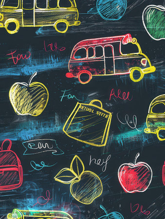 A vibrant chalkboard adorned with colorful brush strokes and sketches of globes, rulers, calculators, pencils, and lightbulbs enhances the classroom atmosphere.の素材