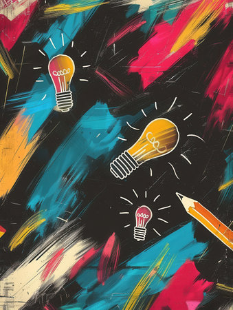 A chalkboard features vibrant brush strokes and detailed illustrations of globes, pencils, calculators, and lightbulbs, creating an engaging educational atmosphere.の素材