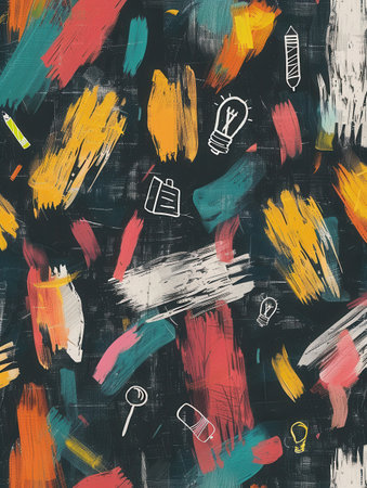 A chalkboard adorned with bright brush strokes and detailed drawings of classroom supplies like globes, rulers, and pencils, creating an engaging learning environment.の素材