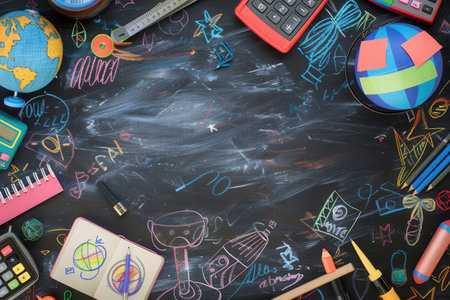 The chalkboard features vibrant brush strokes and detailed drawings of educational items like globes, pencils, and calculators.の素材