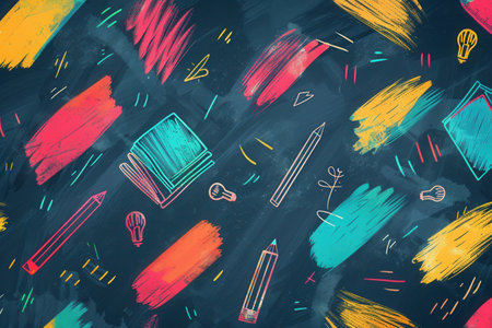 A chalkboard displays vibrant brush strokes and detailed drawings of classroom essentials like globes, rulers, pencils, and lightbulbs.の素材
