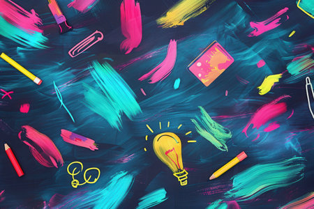 A vibrant chalkboard adorned with colorful brush strokes and detailed drawings of classroom items enhances the learning environment.の素材