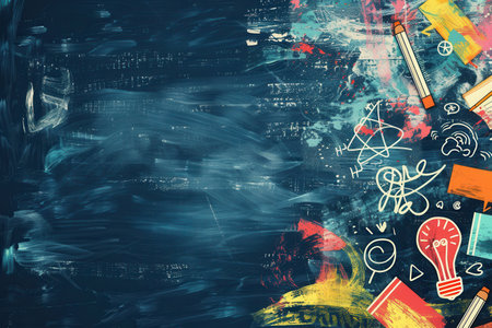 A vibrant chalkboard displays colorful brush strokes and drawings of globes, rulers, calculators, and lightbulbs, creating a lively educational atmosphere.の素材