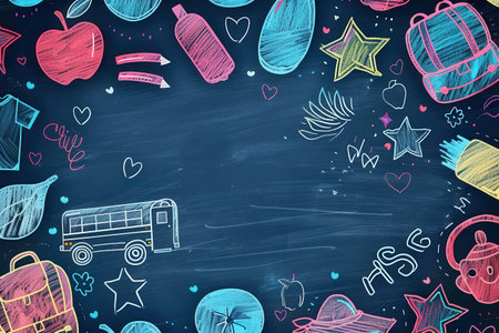 The chalkboard is adorned with vibrant brush strokes and drawings of school supplies, creating an inviting atmosphere for students.の素材