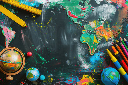 A vibrant chalkboard filled with colorful brush strokes and intricate drawings of globes, rulers, calculators, pencils, and lightbulbs celebrates creative learning.の素材