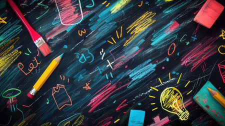 A chalkboard filled with vibrant brush strokes and detailed drawings of globes, rulers, calculators, and lightbulbs captures the spirit of learning.の素材