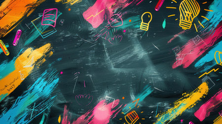 A chalkboard features vibrant brush strokes and detailed drawings of classroom items, enhancing the educational atmosphere in a lively classroom.の素材