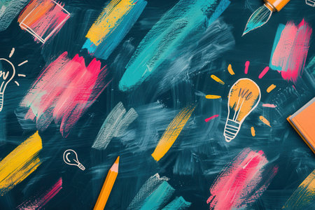 A vibrant chalkboard showcases colorful brush strokes and detailed drawings of classroom items, enhancing the creative atmosphere for students.の素材