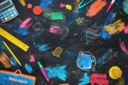 A chalkboard features bright brush strokes and sketches of classroom tools like globes, rulers, pencils, and lightbulbs, creating an engaging learning atmosphere.の素材