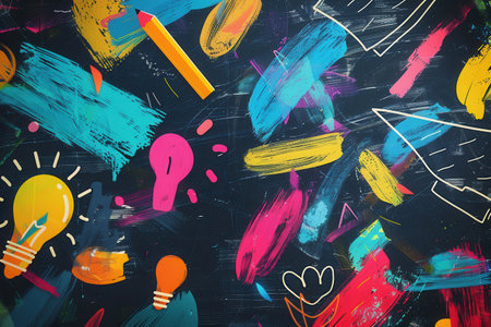 A chalkboard features vibrant brush strokes and detailed drawings of globes, rulers, calculators, pencils, and lightbulbs, enhancing the classroom atmosphere.の素材