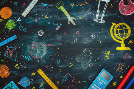 A vibrant chalkboard showcases colorful drawings of globes, rulers, calculators, and lightbulbs, creating an engaging atmosphere for learning.の素材