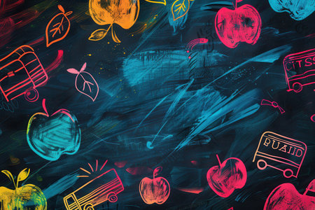 A chalkboard showcases vibrant brush strokes and detailed drawings of classroom essentials like globes, rulers, and lightbulbs, inspiring creativity.の素材