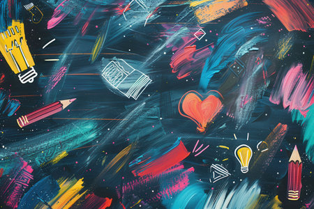 A chalkboard showcases colorful brush strokes alongside drawings of globes, rulers, calculators, pencils, and lightbulbs, creating an inspiring educational atmosphere.の素材