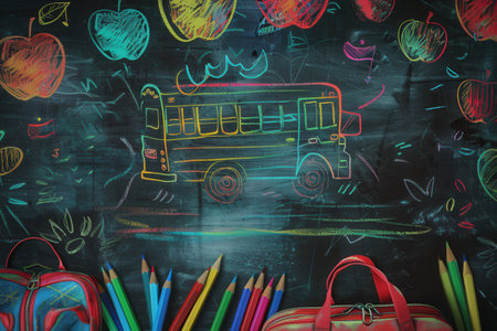 A chalkboard showcases vibrant brush strokes and drawings of educational tools and a school bus, creating an inspiring environment for learning.の素材