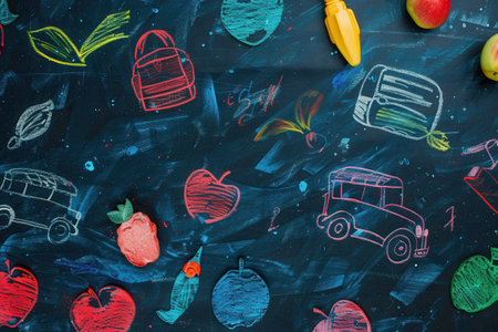 A chalkboard features bright brush strokes and illustrations of globes, rulers, calculators, and other classroom essentials, enhancing the learning space.の素材