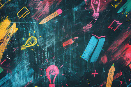 A vibrant chalkboard displays creative brush strokes and detailed drawings of classroom supplies like globes, rulers, and lightbulbs, enhancing the learning atmosphere.の素材