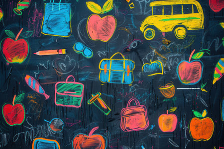 A vibrant chalkboard showcases colorful drawings of classroom items, inspiring creativity and engagement among students during their learning activities.の素材