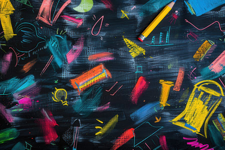 The chalkboard displays colorful brush strokes and intricate drawings of classroom items like globes, rulers, and lightbulbs, creating an engaging atmosphere.の素材