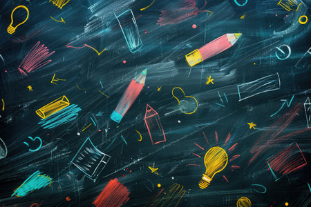 A vibrant chalkboard showcases artistic brush strokes and detailed drawings of educational items, capturing a creative classroom atmosphere.の素材
