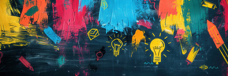 A chalkboard showcases colorful brush strokes along with illustrations of classroom items, creating an imaginative learning atmosphere.の素材