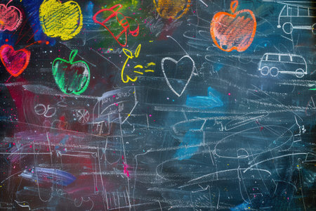A vibrant chalkboard adorned with colorful drawings of classroom items, promoting creativity and engagement in a lively educational setting.の素材