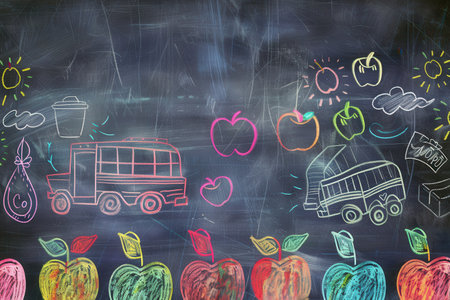 The chalkboard is adorned with vibrant drawings of globes, rulers, and calculators, enhancing the classroomの素材