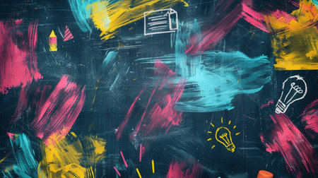 A vibrant chalkboard is adorned with colorful strokes and detailed drawings of classroom essentials like globes, pencils, and lightbulbs.の素材