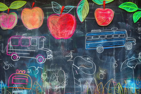 A vibrant chalkboard features colorful brush strokes and detailed drawings of globes, rulers, calculators, and lightbulbs, enhancing the classroom atmosphere.の素材