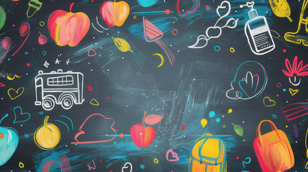 A vibrant chalkboard is adorned with colorful brush strokes and charming illustrations of classroom items like globes, rulers, and calculators.の素材