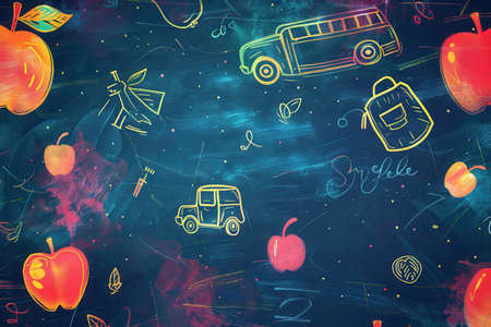 A vibrant chalkboard displays colorful brush strokes alongside detailed drawings of classroom items like globes, pencils, rulers, and lightbulbs.の素材