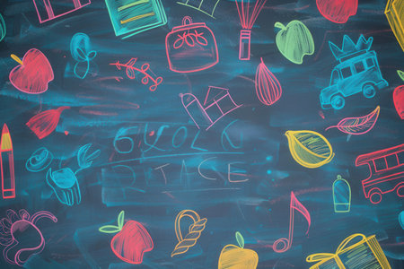 A chalkboard is vibrantly decorated with drawings of globes, rulers, calculators, and other classroom items.の素材