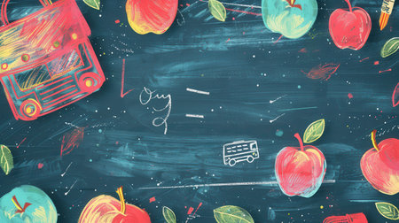 The chalkboard is adorned with vibrant brush strokes and detailed drawings of educational items, enhancing the classroom atmosphere for students.の素材