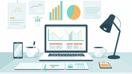 A contemporary home office arrangement displays a laptop open to a financial website, surrounded by a smartphone, coffee, and charts.の素材