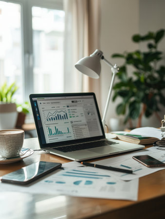 A sleek home office displays a laptop on a desk, surrounded by a smartphone, coffee cup, and documents with financial charts.の素材