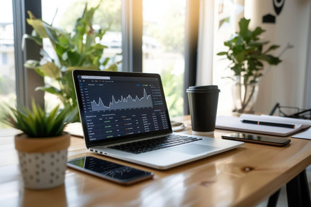 A well-arranged home office showcases a laptop displaying financial data, surrounded by a smartphone, coffee cup, and organized documents.の素材