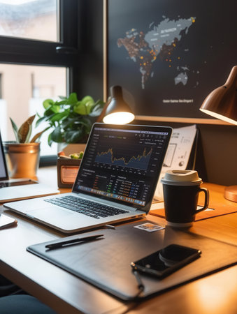 A stylish home office setup includes a laptop displaying financial data, surrounded by coffee, smartphone, and business documents.の素材