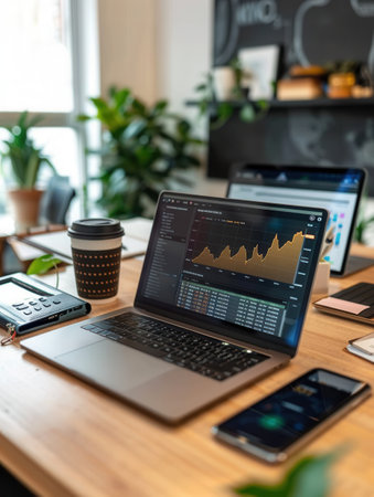 A home office features a laptop displaying financial data, alongside a smartphone, coffee cup, and documents filled with charts and graphs.の素材