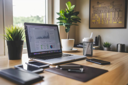 A well-organized home office features a laptop with financial data, a smartphone, coffee, and documents, all amidst a bright and inviting workspace.の素材