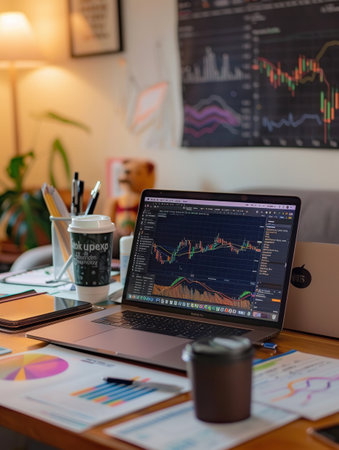 A sleek home office features a laptop displaying financial data, alongside a smartphone, documents, and coffee, creating an organized workspace for productivity.の素材