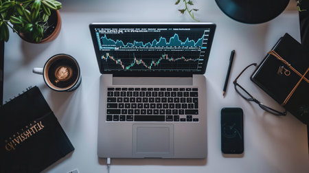 A modern home office features a laptop displaying financial data, surrounded by coffee, documents with charts, and a smartphone, creating a productive workspace.の素材