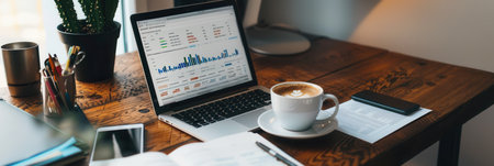 A modern home office setup displays a laptop on a wooden desk, surrounded by financial documents, coffee, and tech tools for productivity.の素材