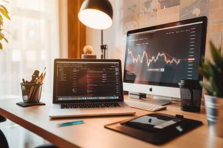 A well-organized home office displays a laptop with financial charts, a smartphone, coffee, and documents for e-commerce analysis.の素材