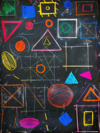 The blackboard is filled with vibrant geometric shapes and patterns, showing creativity and artistic expression during a classroom activity.の素材