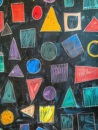 A blackboard is filled with vibrant geometric shapes and patterns, showcasing creativity during an engaging classroom art session.の素材