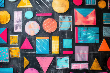 A blackboard displays vibrant geometric shapes and patterns, creating an engaging visual experience in an educational setting.の素材