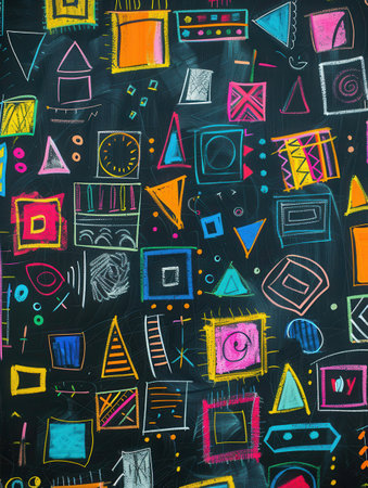 Colorful geometric shapes and patterns decorate a blackboard, showcasing creativity and artistic expression in a classroom setting.の素材
