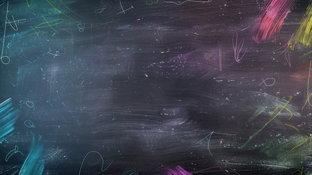 A vibrant chalkboard is adorned with colorful spirals and abstract shapes, reflecting artistic expression in a lively educational setting.の素材