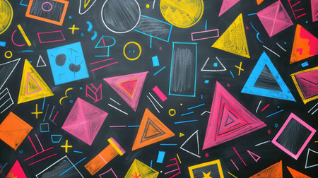 A blackboard features an array of colorful geometric shapes and patterns, showing creativity and artistic expression in a classroom setting.の素材